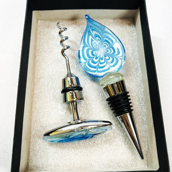 Art Glass Corkscrew & Stopper Set Teal White Iridescent Paragon Wine Accessories - Picture 3 of 11
